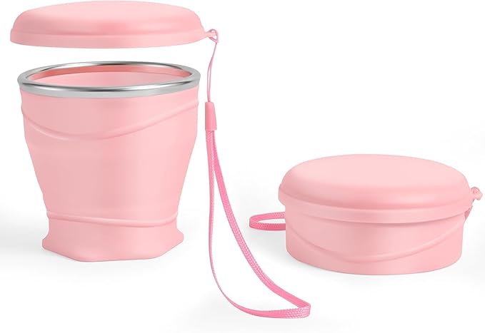 Silicone Collapsible Travel Cup with Dustproof Lid, 8.8 Oz/260ml BPA-Free, Portable Reusable Foldable Cup for Camping, Picnic, Travel, Office (Pink)