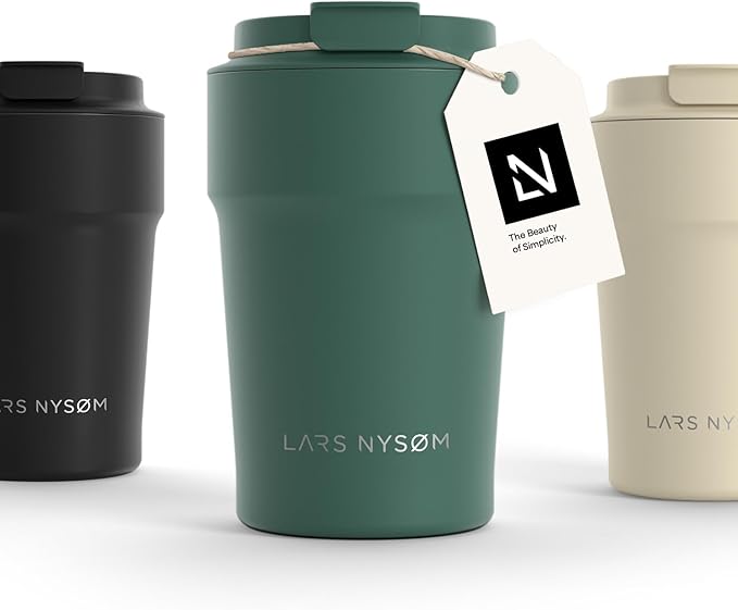LARS NYSØM Thermo Coffee Mug to go 13oz | Travel Mug 0.38 Liter with Insulation | Leak Proof Stainless Steel Thermal Tumbler for Coffee and Tea on the Go (Pine Green, 12.9oz)