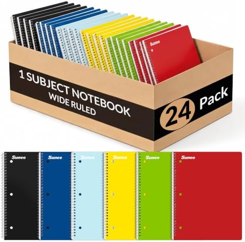 SUNEE Spiral Notebooks, 1-Subject, 24 Pack, Wide Ruled Paper, 8" x 10-1/2", 70 Sheets per Notebook, 3-Hole Punched Paper, Spiral Lined Notebooks for School, Work, Classic Colors