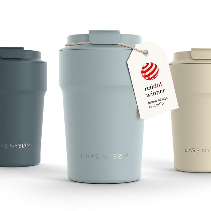 LARS NYSØM Thermo Coffee Mug to go 13oz | Travel Mug 0.38 Liter with Insulation | Silicone grip base | Leak Proof Stainless Steel Tumbler for Coffee and Tea on the Go (Powder Sky Blue, 13oz)