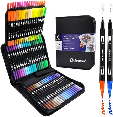 Artecho 72 Colors Dual Tip Markers for Adult Coloring Books with Bag