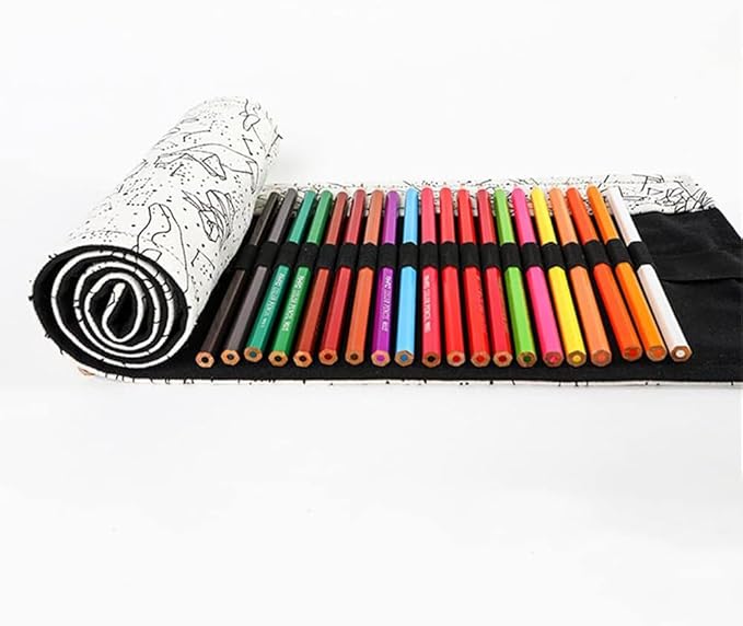 DIYOMR 12/24/36/72 Slots Pencil Wrap Pencil Rolls, Artist Colored Pencil Roll Up Bag Short Brush Pouch Organizer for Drawing Coloring and Sketching, No Pencils (White Starry Sky, 12slots)
