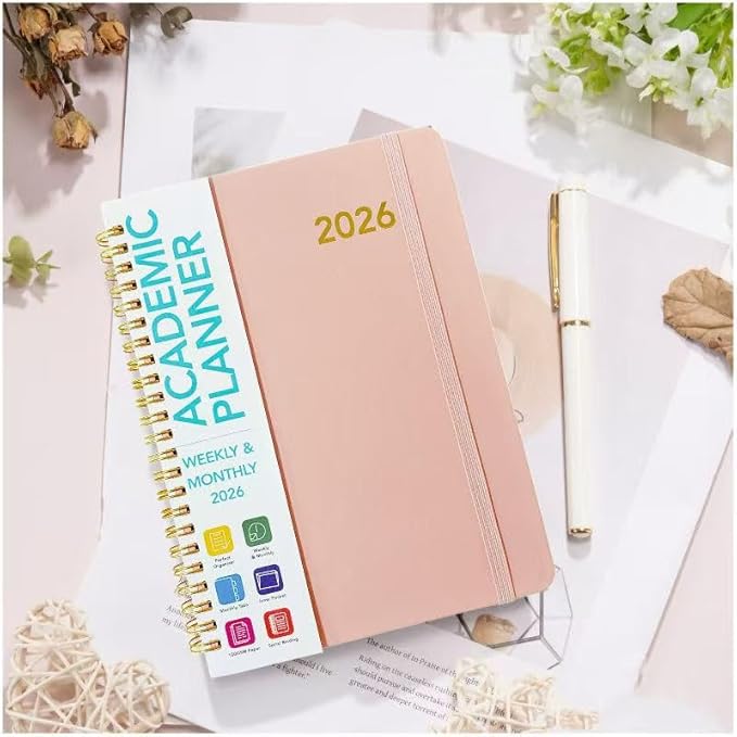 Academic Planner 2026 - Hardcover Weekly & Monthly Calendar Agenda, Daily Planner for Students & Teachers, 8.5" x 6.3" Portable Size，Daily Agenda Book with Tabs, College Organizer Notebook (pink)