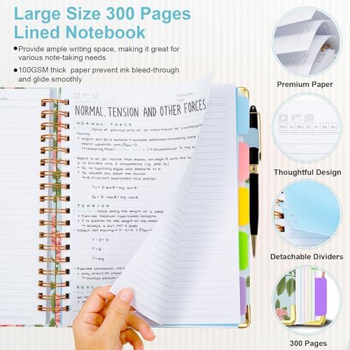 Spiral Journal Notebooks for Work, 300 Pages 5 Subject Notebook College Ruled with Dividers & Tabs, A4 Notebook Journal for Women Students Note-Taking and Organizer (Blushing Rose)