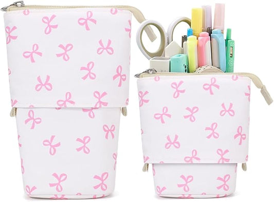 KPX Cute Standing Pencil Case Pen Holder for Kids, Pop Up Stand UP Bubble Tea Pen Organizer Kawaii Stationary for Christmas Holiday New Year Office (Bow)