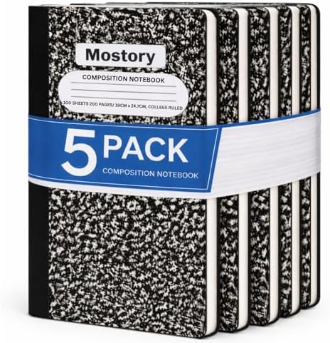 MOSTORY Pack of 5 Composition Notebook - College Ruled 200 Pages (100 Sheets), Size 7.5" x 9.75", Bulk School Supplies, Office, Bulk Notebooks for School, Writing Journal Notebook with Lined Paper