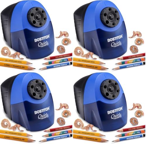 Bostitch Office QuietSharp Electric Pencil Sharpener, Heavy Duty Classroom or Office Use, Size Selector with 6 Different Sizes, Blue (Pack of 4)