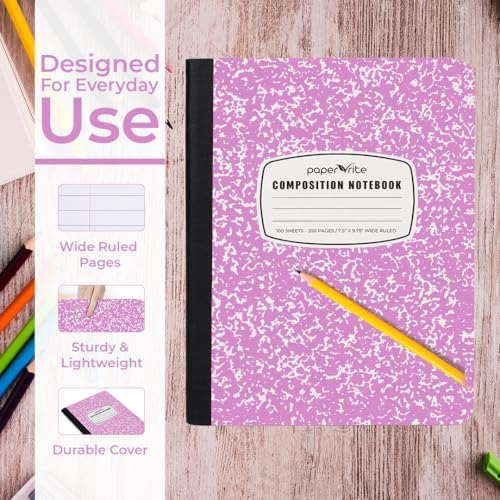 Paper Rite Assorted Marble Composition Notebook Wide Ruled (9.75x7.5 in), 100 Sheets | 200 Pages | For School, Office, Students, Teachers (4, Pink)