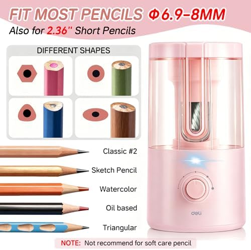 Deli Electric Pencil Sharpener, Fully Automatic Pencil Sharpener for 6.9-8mm No.2 & Colored Pencils, Auto in & Out, Rechargeable Hands-Free Sharpener for Classroom, Home, Office, Pink