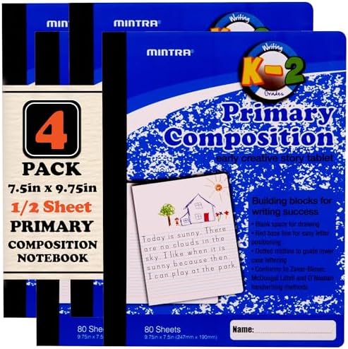 Mintra Primary Composition Notebook, 4 Pack, Blue Cover, 80 Sheets, 7.5in x 9.75in, 1/2 Sheet, Ruled with Drawing Area, Flexible Hardcover Journal, Grades K-2, School & Home Use