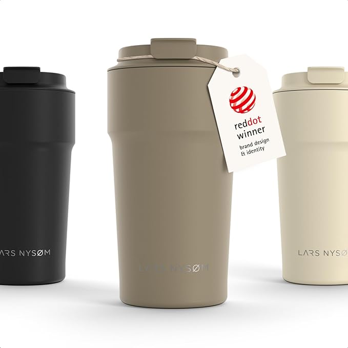 LARS NYSØM Thermo Coffee Mug to go 17oz | Travel Mug 0.5 Liter with Insulation | Silicone grip base | Leak Proof Stainless Steel Tumbler for Coffee and Tea on the Go (Powder Taupe Brown, 17oz)
