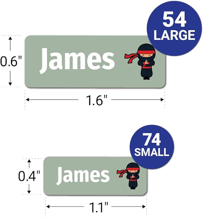 Kids Personalized Name Labels for School, Camp, Daycare (128 Labels) Custom Peel and Stick Waterproof Name Tags Stickers for Water Bottles, Lunch Boxes, Clothing, School Supplies (Ninja)