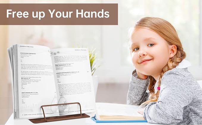 Honagu Book Stand Metal Desk Book Holder, Book Holders for Reading Hands Free, Adjustable Cookbook Documents Holder, Portable Bookstand for Music Books, Textbook, Recipe, Tablet, Ipad (Brown)