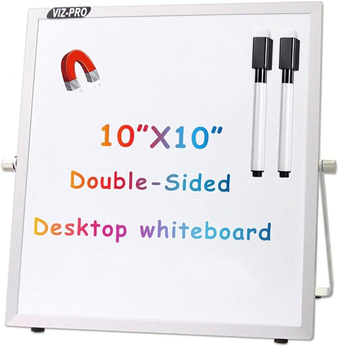 VIZ-PRO Small Desktop Dry Erase Board/Portable Whiteboard Easel 10 x 10 Inches with 2 Markers