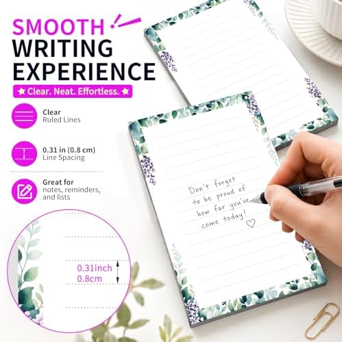 Lined Sticky Notes 4x6 in, 2 Pack Large Cute Notepads with Lines Self-Stick Note Pad, Funny Memo Pads Strong Adhesive for Office, Home Cute Boho Flowers