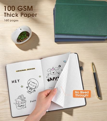 A5 Leather Hardcover Graph Paper Notebook, 160 Pages (5 Squares/Inch), 180° Lay-Flat Binding, 100 GSM Thick Paper, for Math, Engineering, Students & Technical Work (Black)