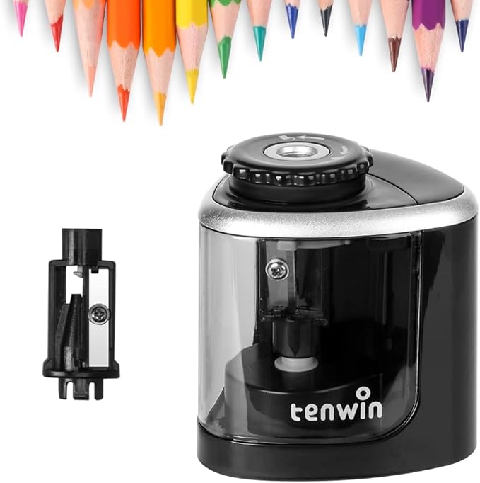 tenwin Electric Pencil Sharpener Battery Operated,Fast Sharpening, Suitable for NO.2/Drawing/Colored Pencils(6-8 mm), Office/School/Home, Portable Pencil Sharpener for Adults, Kids (Black)