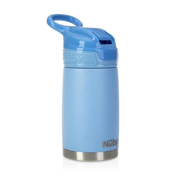 Nuby Thirsty Kids No Spill Flip-It Reflex Stainless Steel Travel Cup or Water Bottle - 10 Oz - 18+ Months - Blue - Back to School Essentials,(Pack of 12)