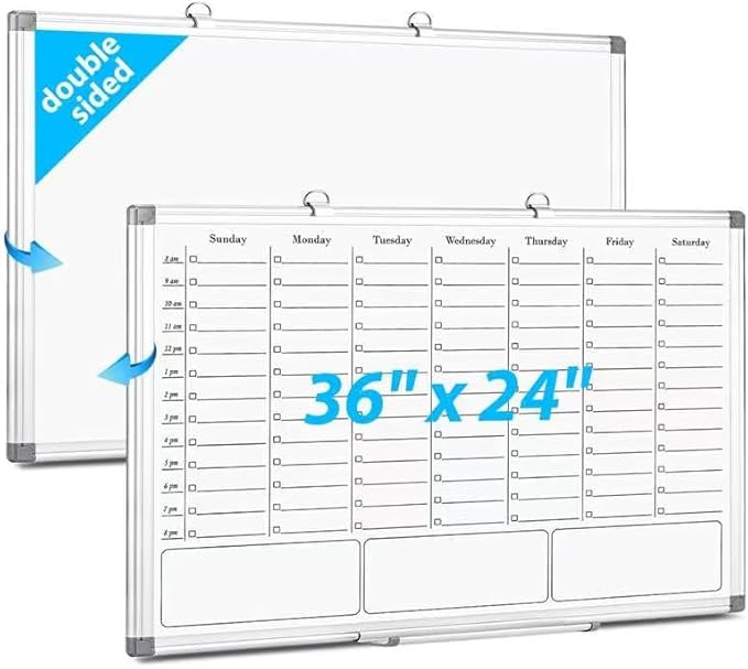 ONAVIA Weekly Calendar Whiteboard for Wall, 36" x 24" Big Dry Erase Board, Hanging Double-Sided White Board with Hourly Slots, for Planning, Memo, to Do List, Home, Office