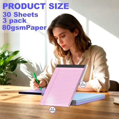 3 Pack Colored Legal Pads 8.5 x 11 Inch, Wide Ruled Notepads Lined Memo Note Pads, 8.5x11 Inch Micro Perforated Writing Pads 30 Sheets Per Pad for Work Study Daily Note Taking List