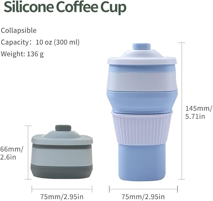 2 Pack Collapsible Coffee Cups Travel Mugs with Leakproof Lids for Hot & Cold Drinks – 10oz (300ml)