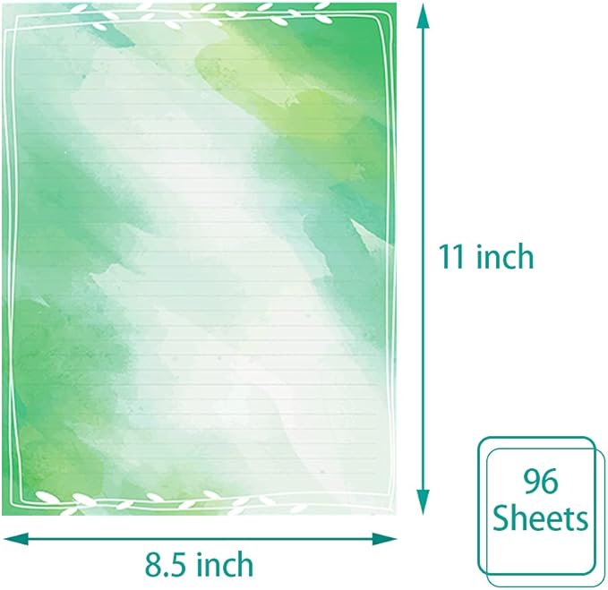Anzon Mories Watercolor Stationery Paper Set 96 Pieces (Lined) Double Sides Colored 21lb/100gsm Heavy Weight Writing Stationary Paper 8.5” x 11” US Letter Size, 8 Colors Original Design College Ruled