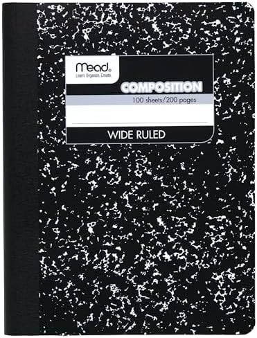 Mead Composition Notebook, Wide Ruled Paper, 7.5" x 9.75", 100 Sheets, Black Marble (09910)