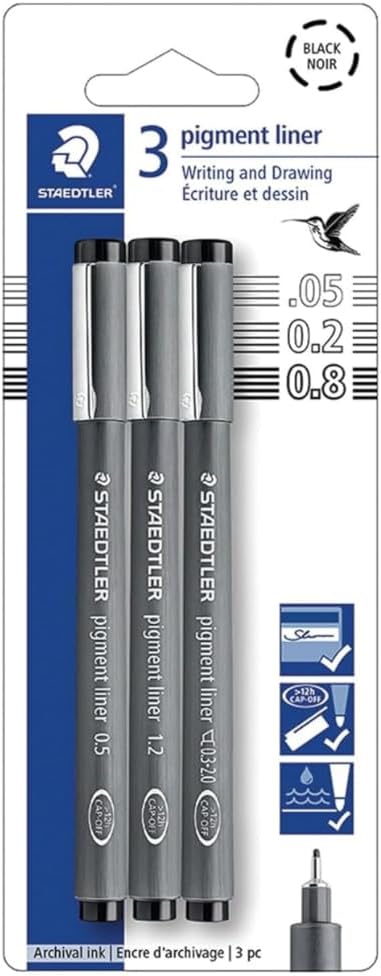 STAEDTLER Pigment Liner 15-Pack (15 sets of 3 pcs), Black, 3 Pens, Assorted Line Widths 0.05mm/0.2mm/0.8mm, 308-9SBK3, 45 Count