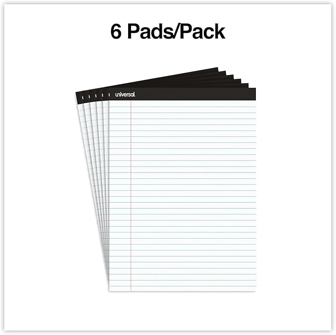 Universal 30630 Premium Ruled Writing Pads, White, 8 1/2 x 11, Legal/Wide, 50 Sheets, 6 Pads