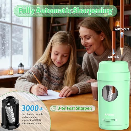 AFMAT Electric Pencil Sharpener, Auto in & Out, Fully Automatic Pencil Sharpener for Colored Pencils, Rechargeable Hands-Free Sharpeners for φ7-8mm Pencils, Good for Classroom/Home PSX8(Light Green)