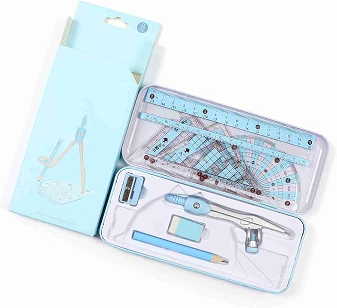 Math Geometry Kit, Pencil for Compass, Pencil Sharpener, 2 Rulers, Straight Ruler, Protractor, Graphic Compass, White Eraser Shatterproof Storage Box Protractor Math Compass Kit (Blue)