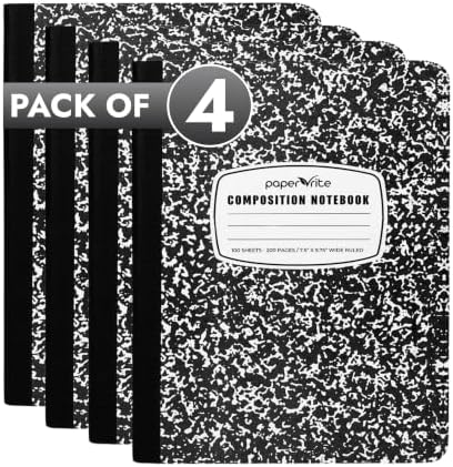 Paper Rite Assorted Marble Composition Notebook Wide Ruled (9.75x7.5 in), 100 Sheets | 200 Pages | For School, Office, Students, Teachers (4, Black)