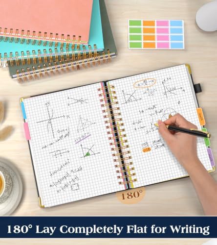 5 Subject Graph Paper Notebook with Removable Dividers Tabs, 300 Pages Hardcover Leather Grid Spiral Journal, 8"x10" B5 Large Graphing Notebooks for Women Men Work School College Engineering, Black