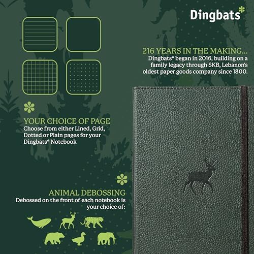 Dingbats* Wildlife Grid Writing Journal Notebook A5 - Vegan Leather Hardcover - Ideal for Work, Travel - Pocket, Elastic Closure, & Bookmark