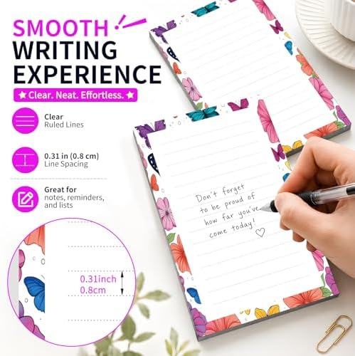 Lined Sticky Notes 4x6 in, 2 Pack Large Cute Notepads with Lines Self-Stick Note Pad, Funny Memo Pads Strong Adhesive for Office, Home Cute Butterfly Flowers
