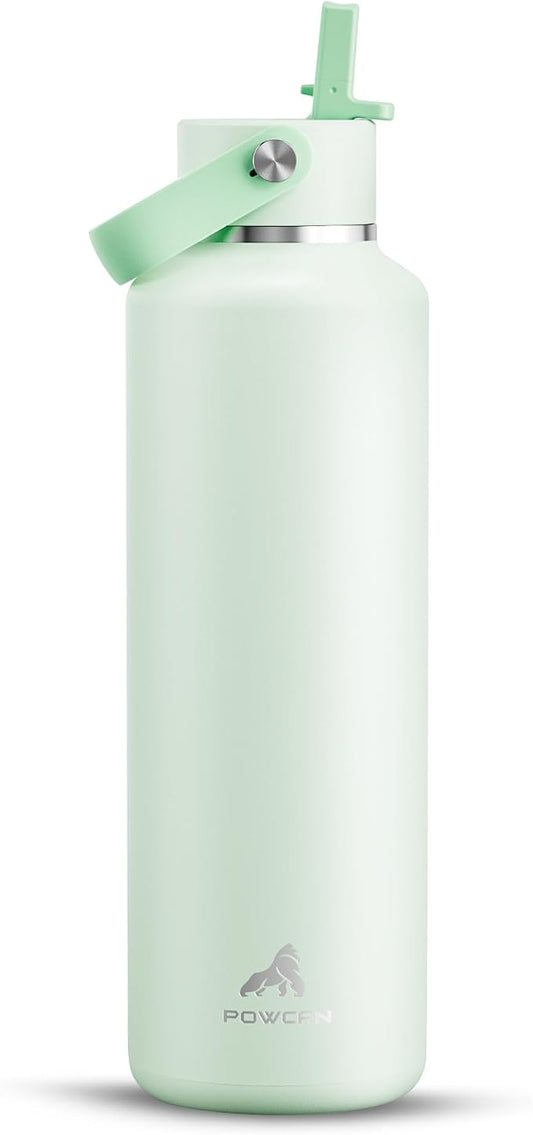 POWCAN 24 oz Double Walled Insulated Water Bottle with Straw: Leakproof, Cup Holder Friendly, BPA-free, Top Handle, Stainless Steel Water Bottle for Adult, Student, Nurse, Commuter, Bag (Mint Dew)