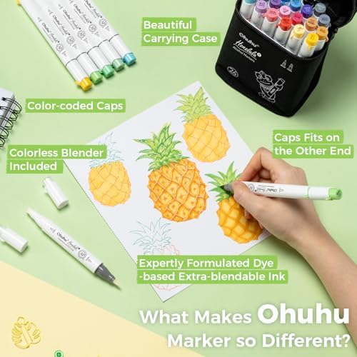 Ohuhu Alcohol Markers Brush& Chisel 24 Colors for Adult Coloring Refillable