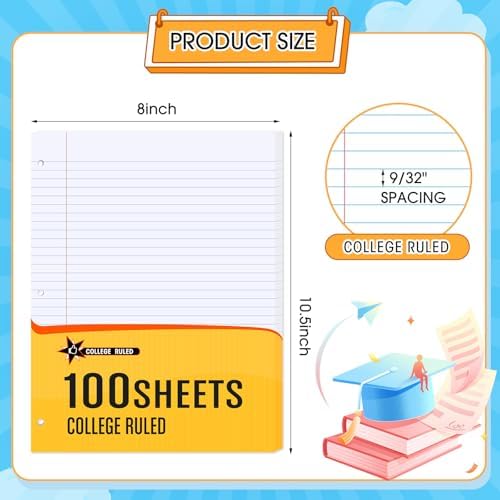 Fainne 20 Pack College Ruled Filler Paper, 8x10.5, 3-Hole Punched