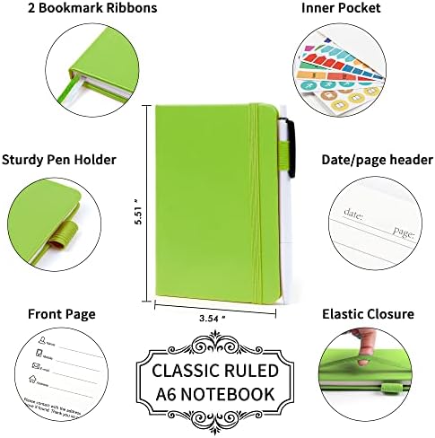 feela 3 Pack Pocket Small Notebook Journals, Mini Cute Memo Notepad Hardcover College Ruled Lined Journals with Pen Holder for Women Girls Office School, with 3 Black Pens, 3.5”x 5.5”, A6, Green