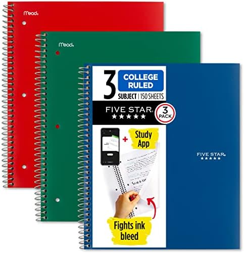 Five Star Spiral Notebook + Study App, 3 Pack, 3 Subject, College Ruled Paper, Fights Ink Bleed, Water Resistant Cover, 8-1/2" x 11", 150 Sheets, Green, Red, Blue (820193)