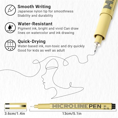 KERIFI Fineliner Ink Pens, Black Micro Fine Point Drawing Pens Waterproof Archival Ink Multiliner Pens for Artist Illustration, Sketching, Technical Drawing, Zentangle, Scrapbooking (6 Assorted Nib)