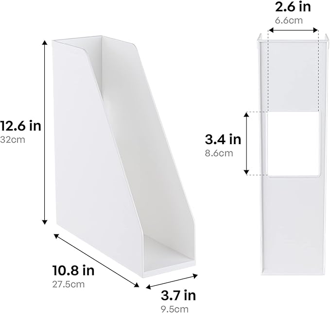 carrotez Open Front Magazine File Holder, Plastic Magazine Rack, Vertical File Organizers for Desk, Office Organization Essentials, 10.8" x 3.7" x 12.6" - 2 Pack, White