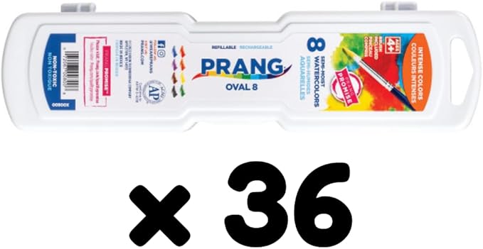 Prang Semi-Moist Watercolors 8-Color Refillable Oval Pan Set with Size 6 Paintbrush, Class Pack of 36