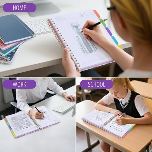 Hardcover Spiral Notebook 8.5" x 11" with Removable Dividers, 300 Pages 5 Subject College Ruled Notebook for Work with Tabs, A4 Spiral Journal for Women Men, School Students Note Taking, Purple Floral