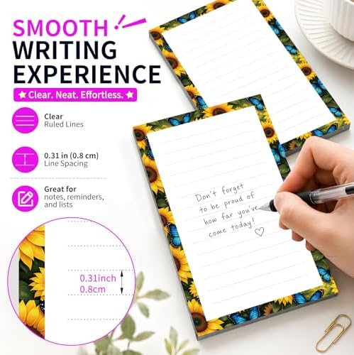 Lined Sticky Notes 4x6 in, 2 Pack Large Cute Notepads with Lines Self-Stick Note Pad, Funny Memo Pads Strong Adhesive for Office, Home Cute Sunflower Butterfly