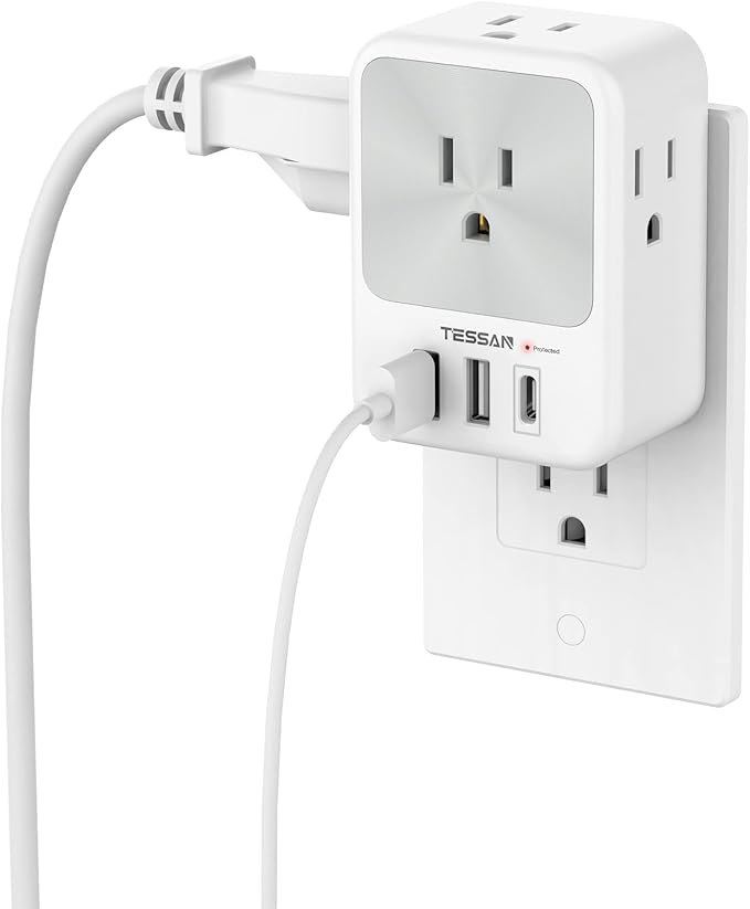TESSAN Surge Protector Wall Outlet Extender, Multi Plug Outlet Splitter with 3 USB Charging Blocks(1 USB C), Multi Plug Wall Charger for Home, Office, School, College Dorm Essentials, Grey