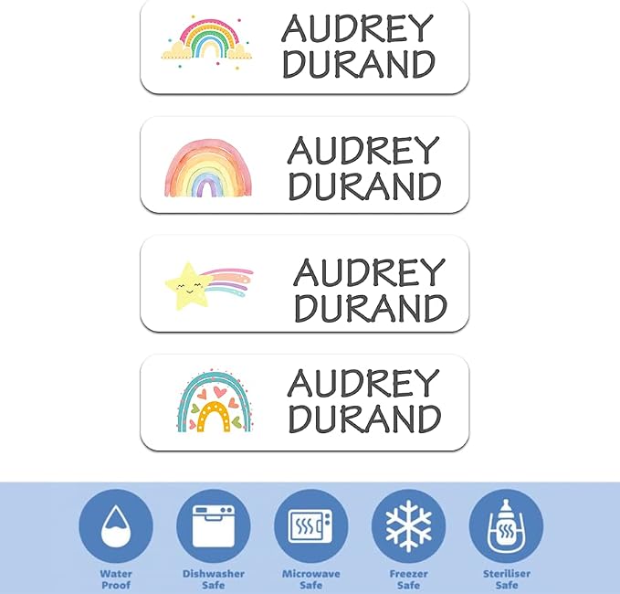 Custom Waterproof Dishwasher Safe Kid Name Labels for Daycare(128 Pack), Camp, School Supply, Baby Bottles, Lunch Boxes and Cups, Travel. Cute Personalized Design Name Stickers (Pattern 7)