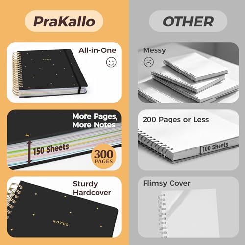Hardcover Spiral Notebook Journal for Women & Men, Cute 5 Subject Notebook College Ruled for School & Work, Black Journaling Notebooks with Removable Dividers Tabs, 8" x 10", 300 Pages, Night Stars