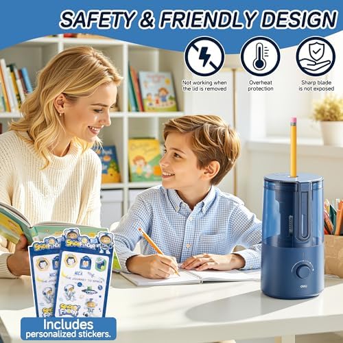 Deli Electric Pencil Sharpener, Fully Automatic Pencil Sharpener for 6.9-8mm No.2 & Colored Pencils, Auto in & Out, Rechargeable Hands-Free Sharpener for Classroom, Home, Office, Blue