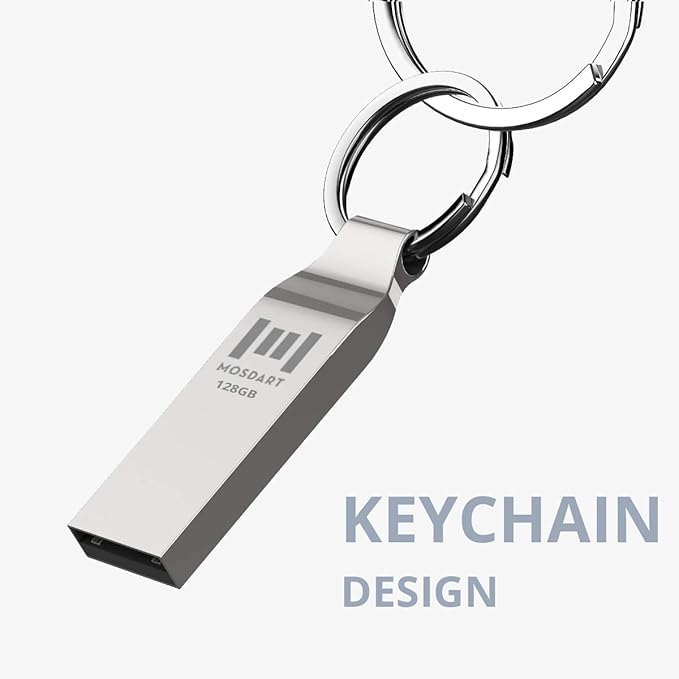 MOSDART Waterproof 128GB USB2.0 Flash Drive, exFAT Metal Memory Stick with Keychain, for System Back, Data Storage, Silver(Pack of 2)